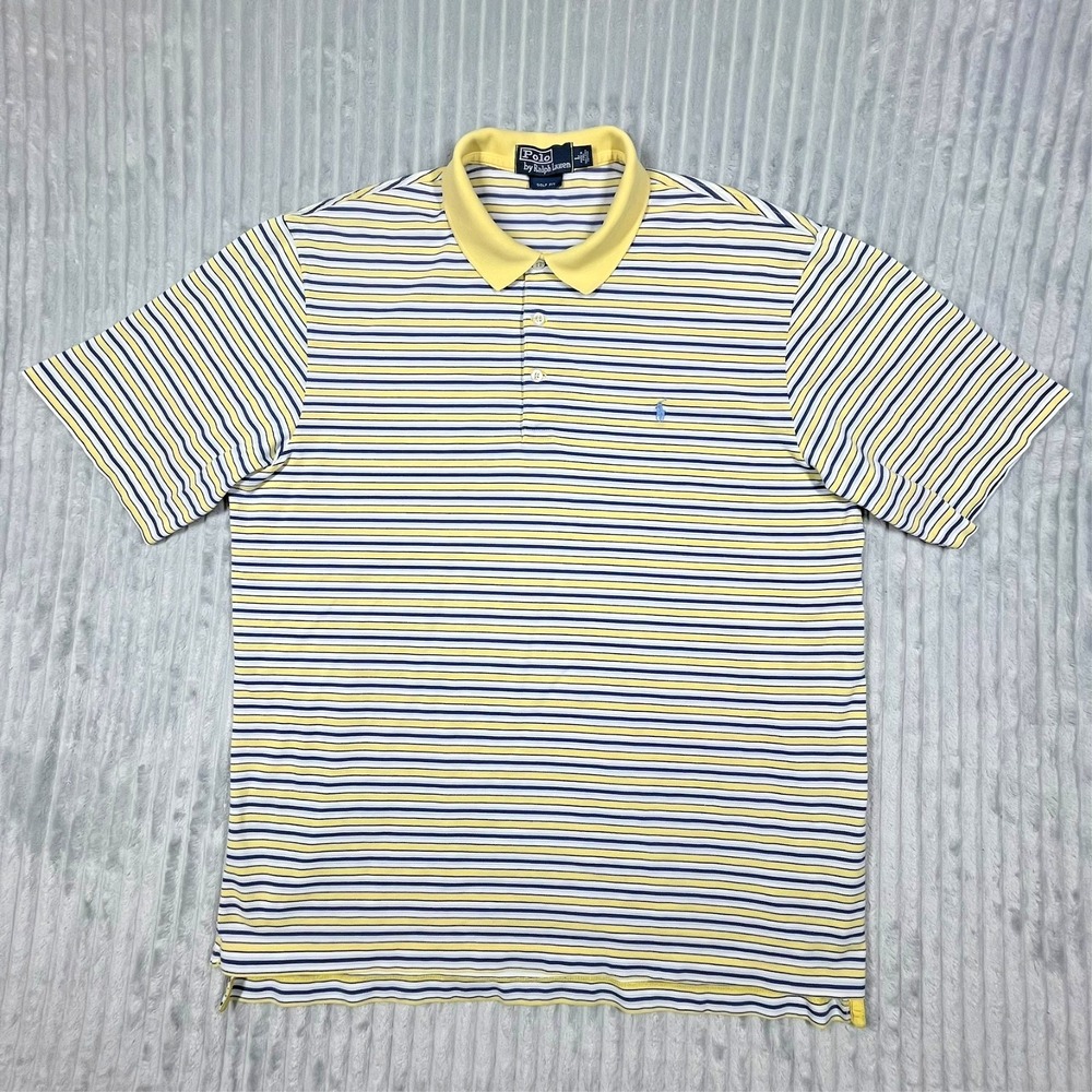 Polo Ralph Lauren Golf Fit Short Sleeve Shirt Men's L Striped Yellow Blue Preppy